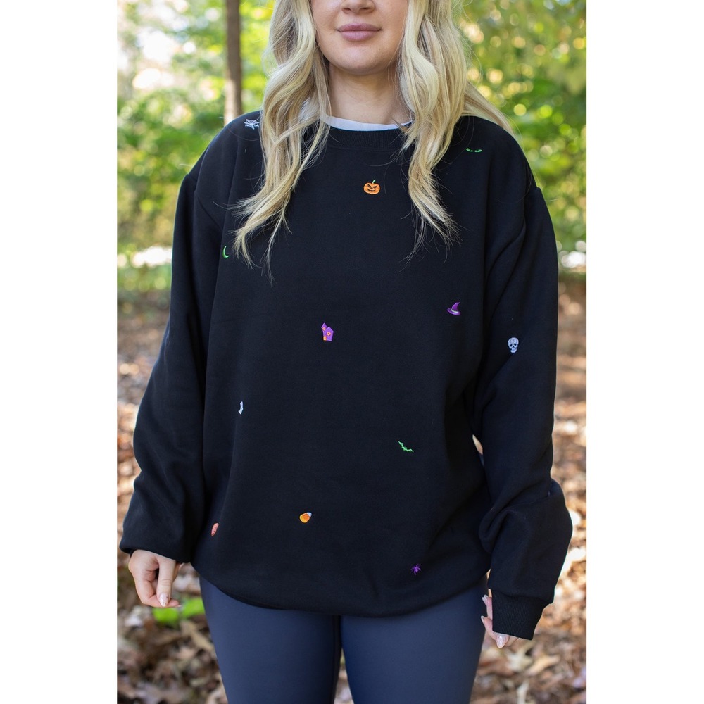 Mojo Provo Halloween Mini Embroidered Icon Crewneck Sweatshirt Black Oversized